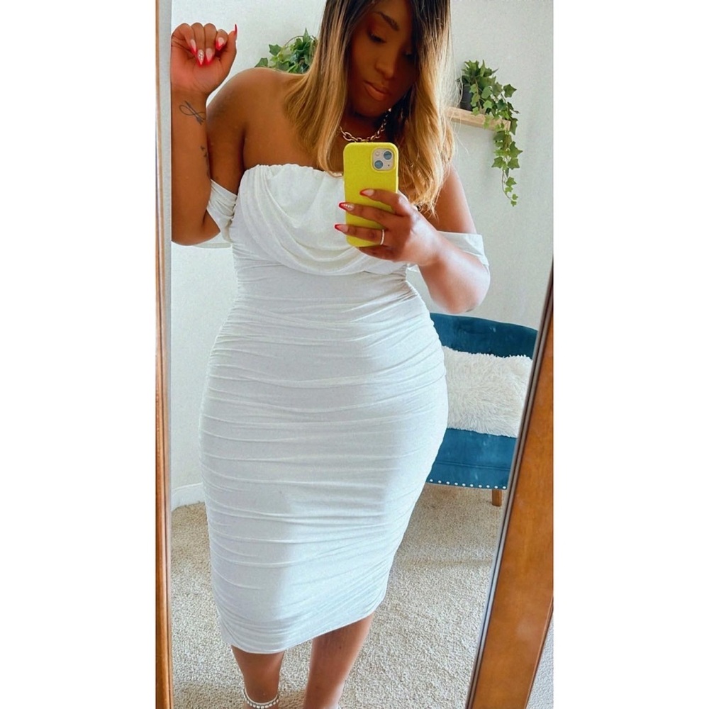 White Bardot Cowl Neck Ruched Midi Dress
